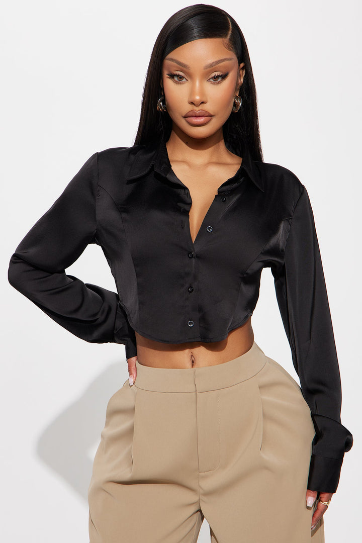 Jianna Cropped Satin Button Up Shirt - Black