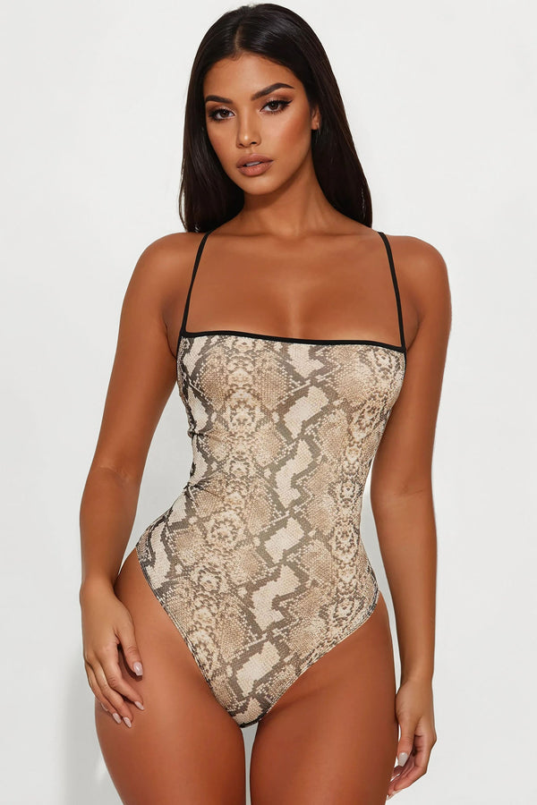 Lost In You Snakeskin X Back Mesh Bodysuit - Brown/combo