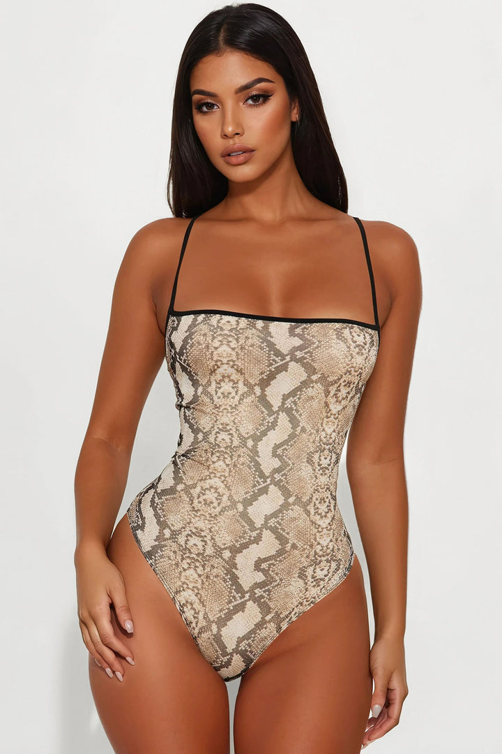 Lost In You Snakeskin X Back Mesh Bodysuit - Brown/combo