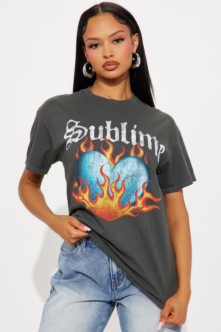 Sublime Flames Heart Washed Oversized Tee - Black