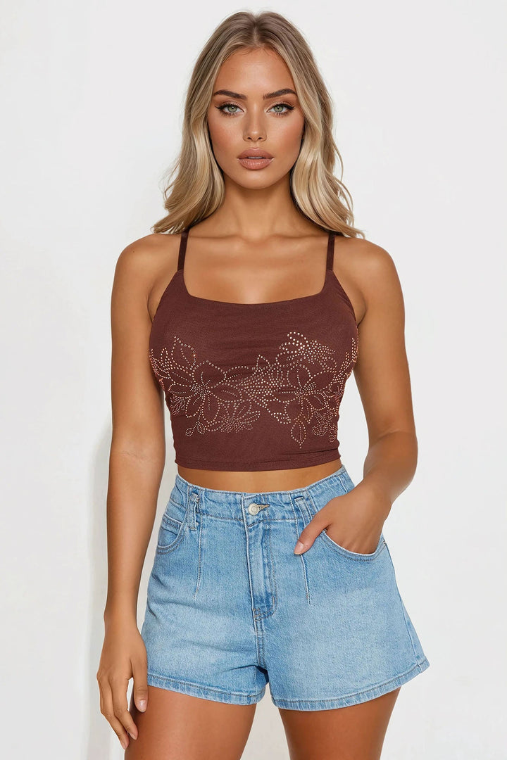Clementine Mesh Rhinestone Cami Top - Brown