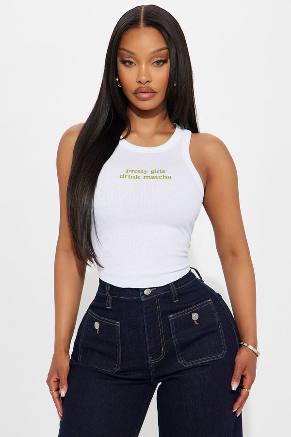 Pretty Girls Drink Matcha Ribbed Tank Top - White