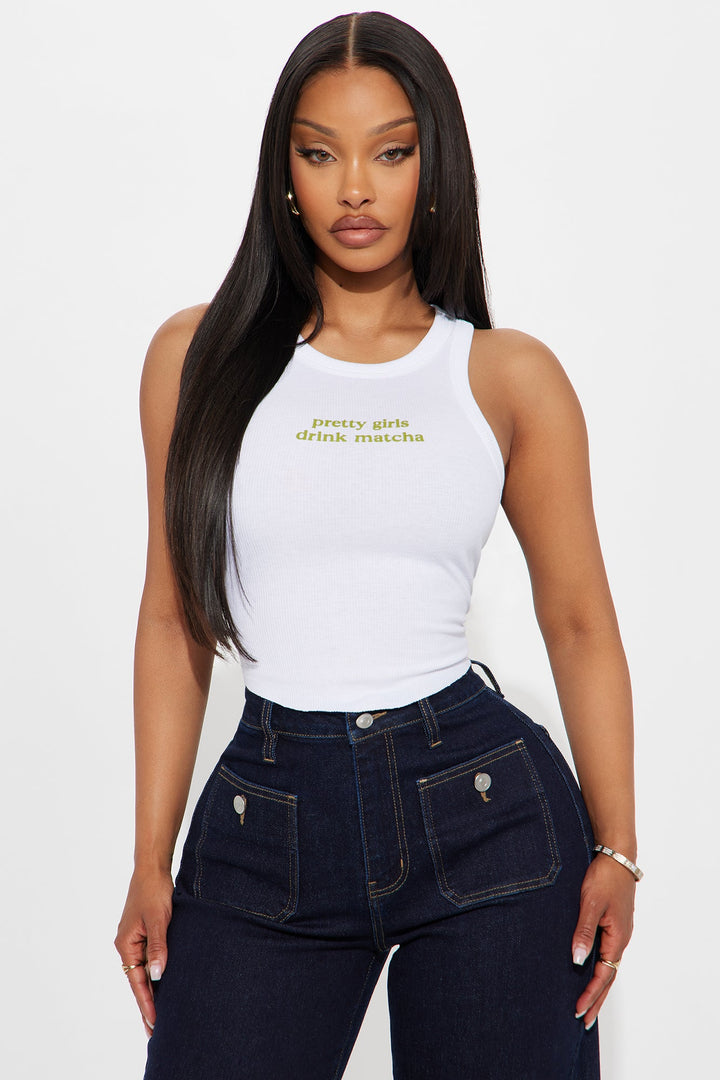 Pretty Girls Drink Matcha Ribbed Tank Top - White