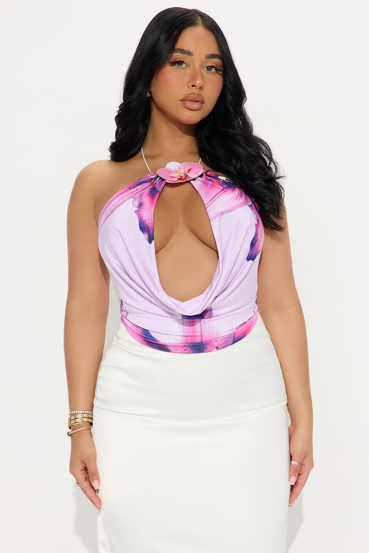 Floral Escape Cowl Neck Halter Top  - Purple/combo