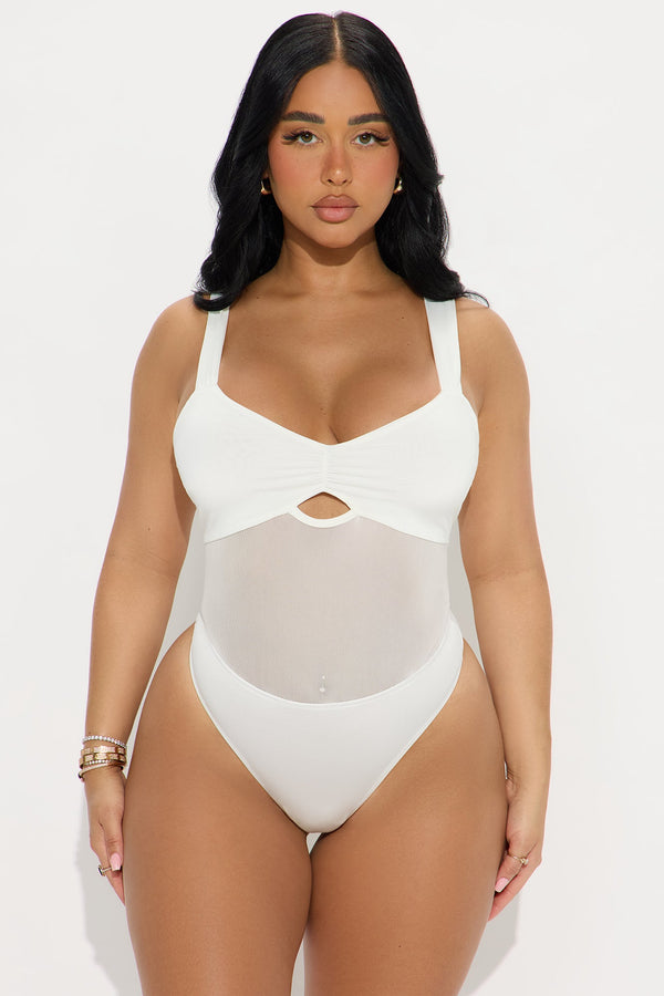 Alluring Mesh Cut Out Ruched Bodysuit - White