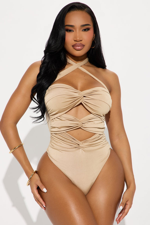 Dare Me Ruched Cut Out Halter Bodysuit - Taupe