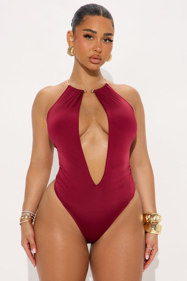 Crowd Pleaser Deep V-Neck Bodysuit - Burgundy