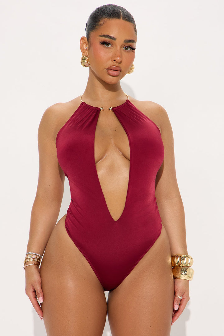 Crowd Pleaser Deep V-Neck Bodysuit - Burgundy