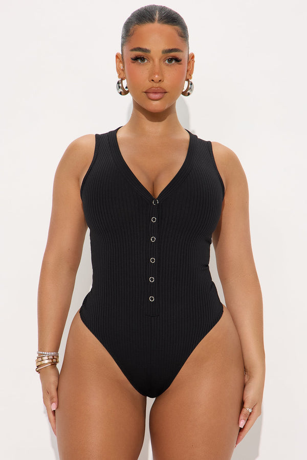 Set Free Deep V-Neck Bodysuit - Black