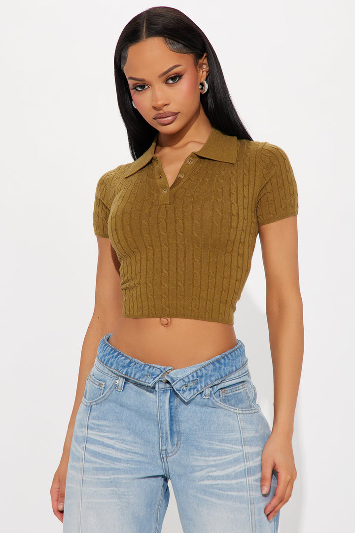 Genae Cable Knit Polo Sweater - Olive