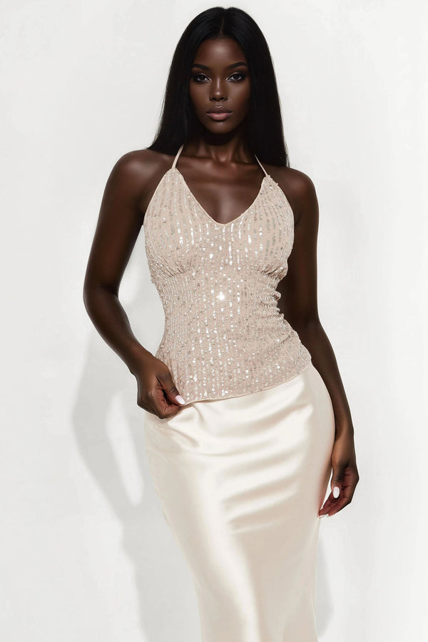Feeling Extra Sparkly Sequin Halter Top - Taupe