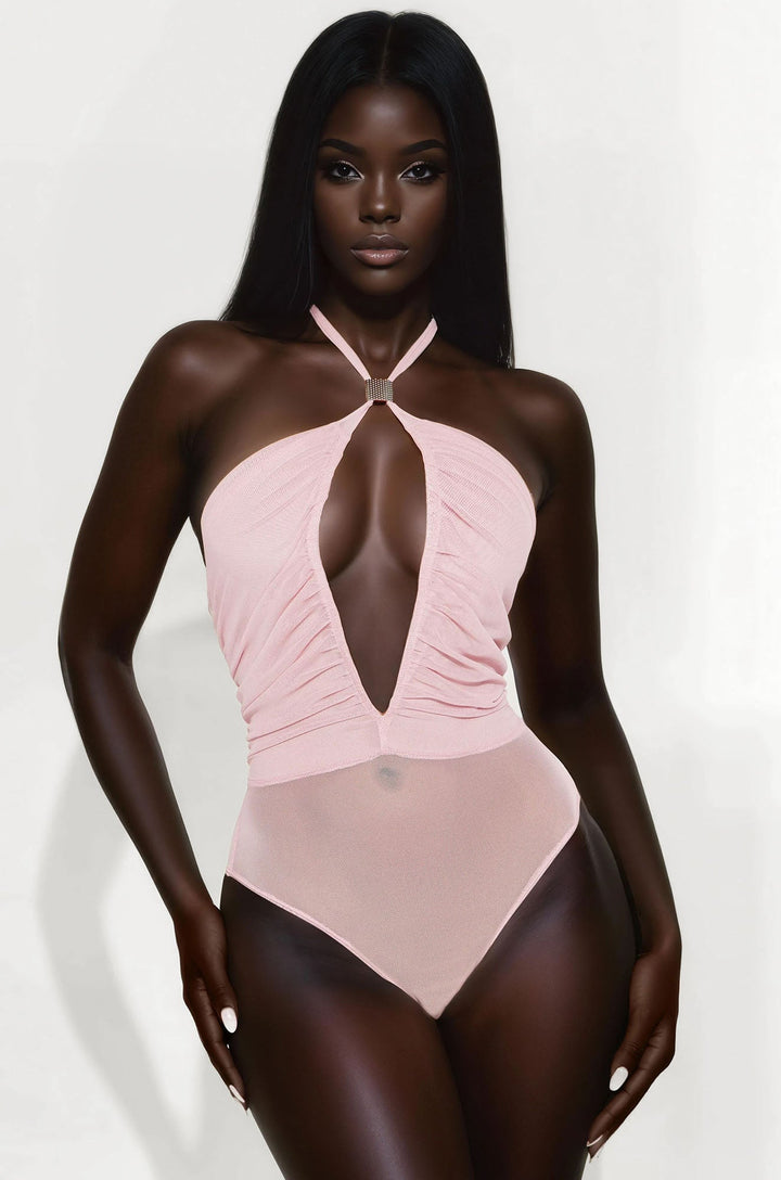 Love Hour Halter Y-Neck Mesh Bodysuit - Pink