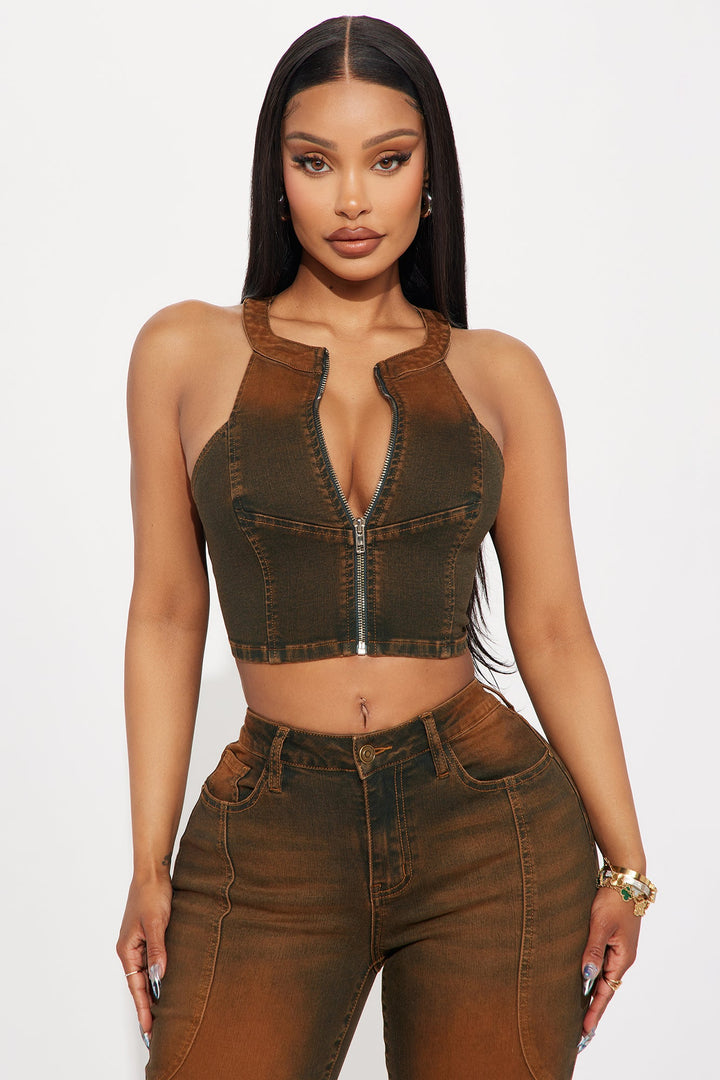 Passing Through Racerback Denim Top - Brown