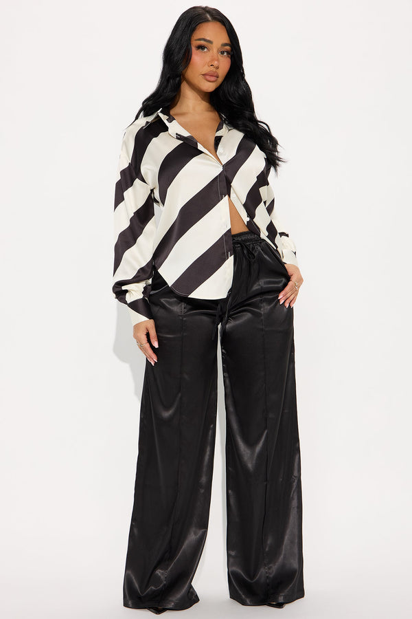 Amari Striped Satin Button Up Shirt - Black/White