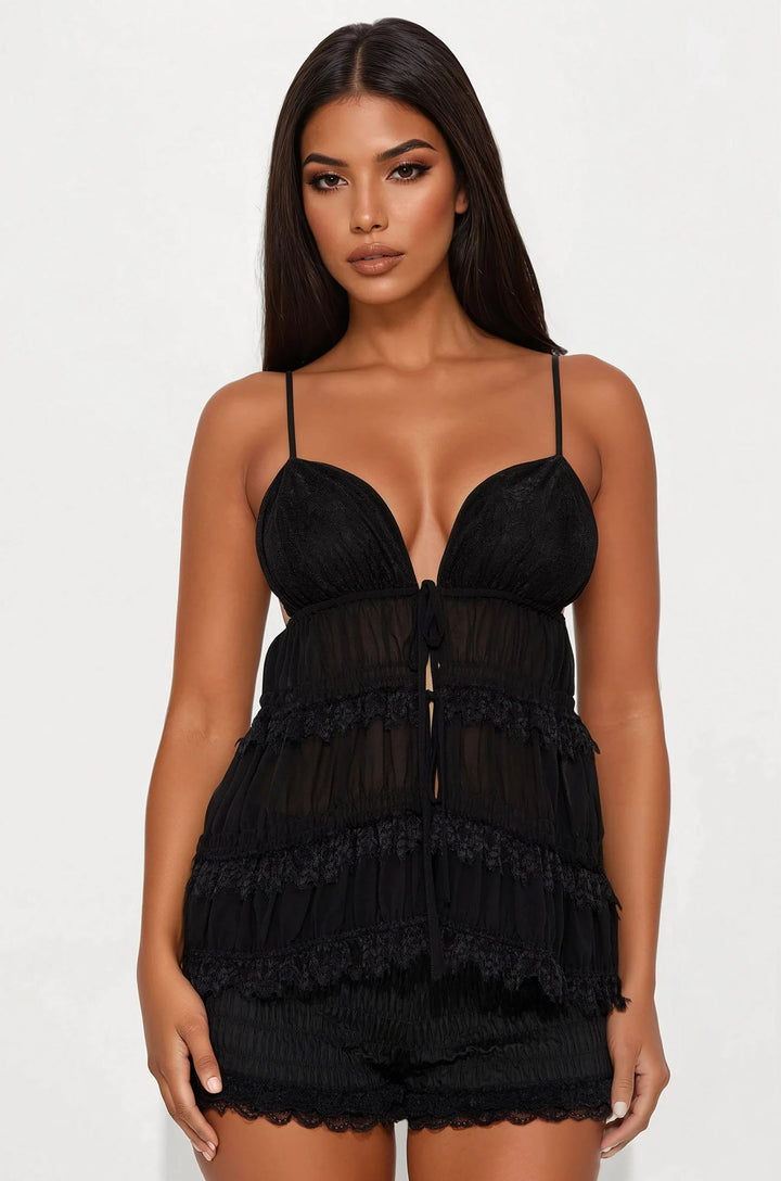 Say Yes To Lace Tie Front Cami Top - Black