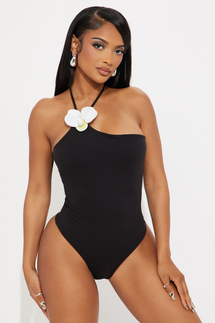Ila Double Lined Y- Neck Halter Bodysuit - Black