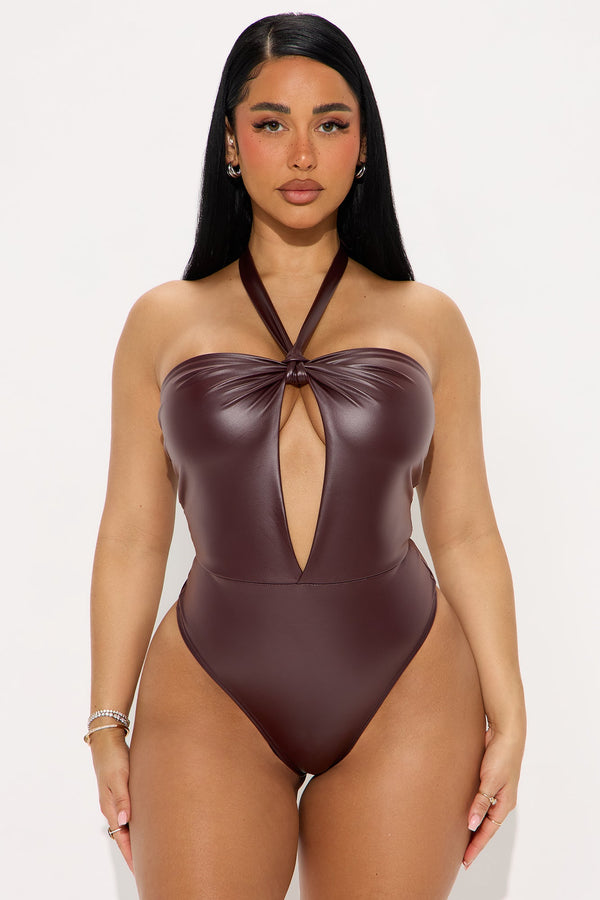 No Reason Y-Neck Faux Leather Bodysuit - Burgundy