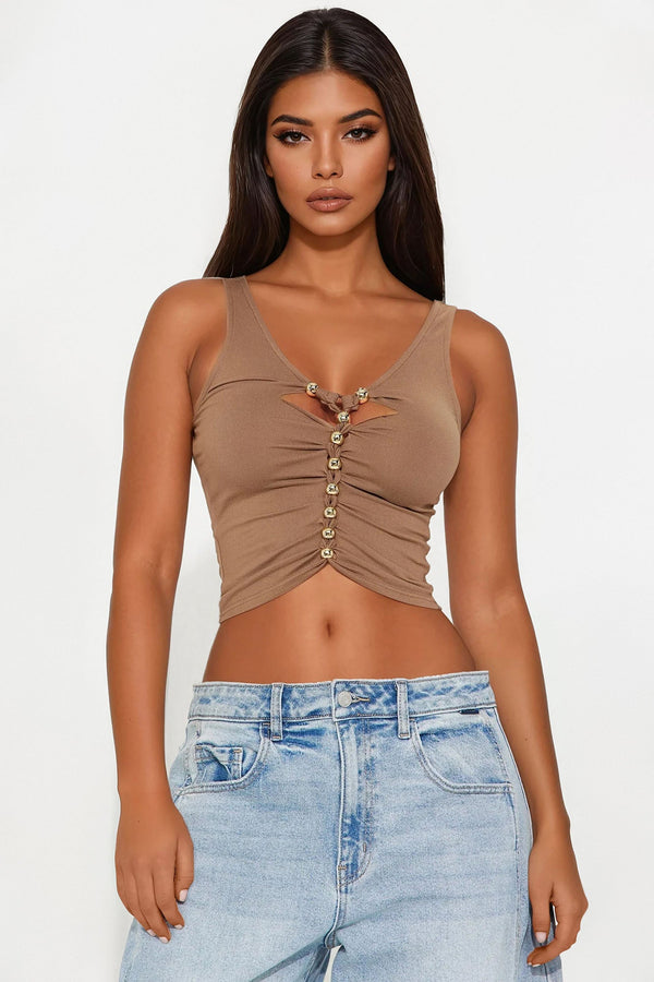 Hattie Cut Out Ruched Top - Taupe