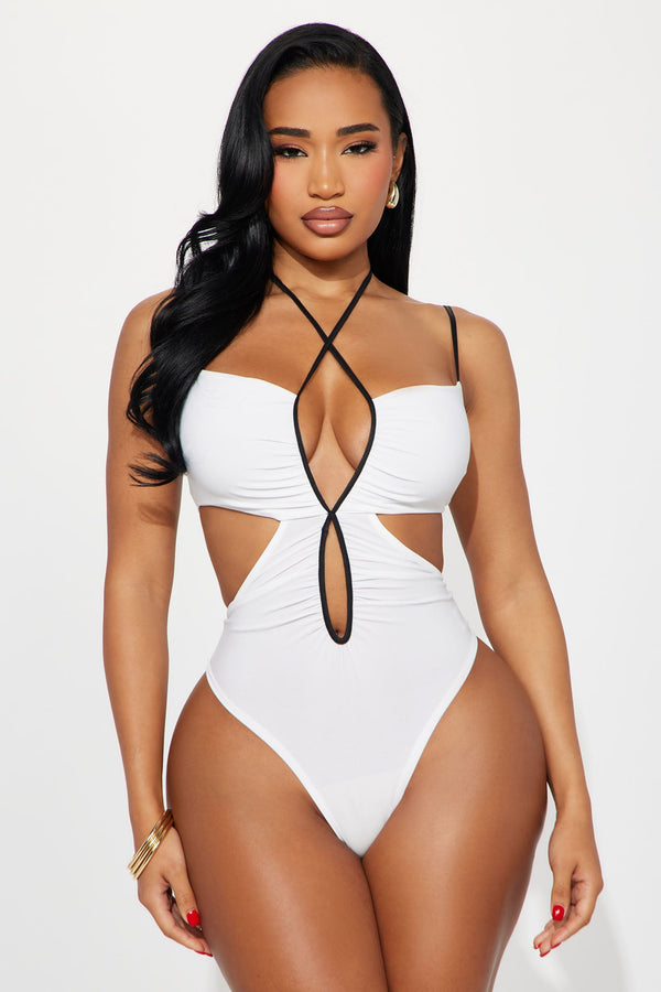 Off The Hook Ruched Cut Out Bodysuit - White