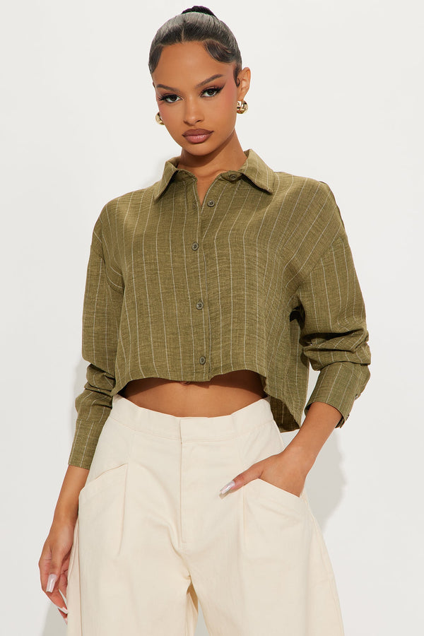 Marie Cropped Pinstripe Shirt - Olive