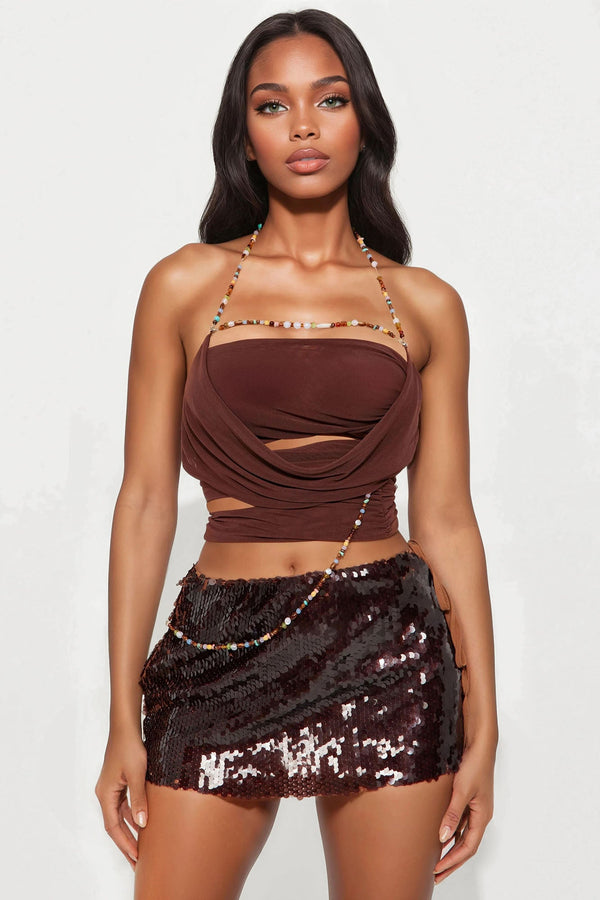 Natural Ambiance Beaded Mesh Halter Top - Brown
