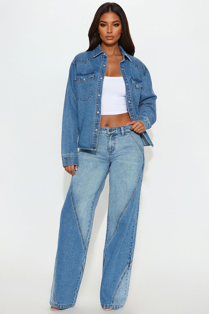 Oui Oui Two Tone Wide Leg Jeans - Light Blue Wash