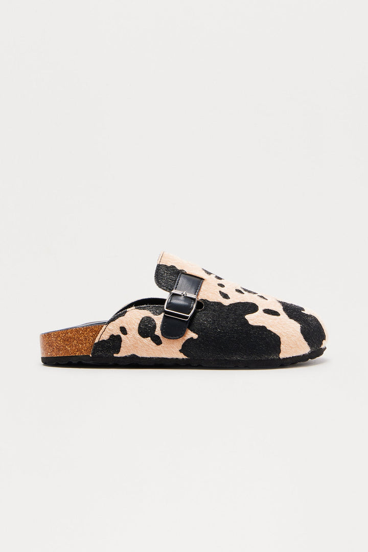 Acres Buckle Cow Print Slides - Black/combo