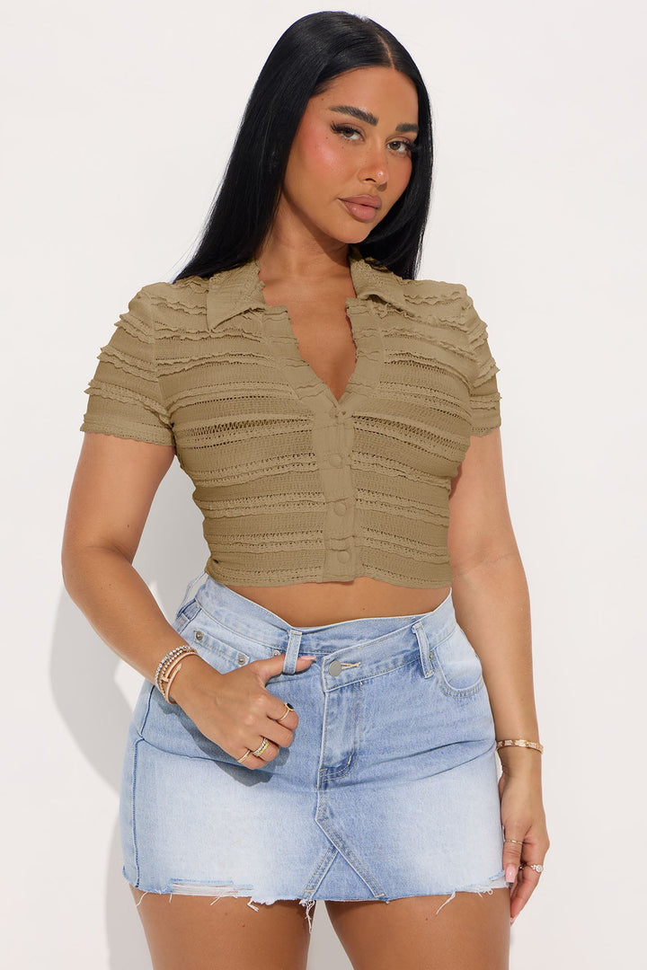 Don't Ruffle My Vibe Short Sleeve Collar Top - Olive