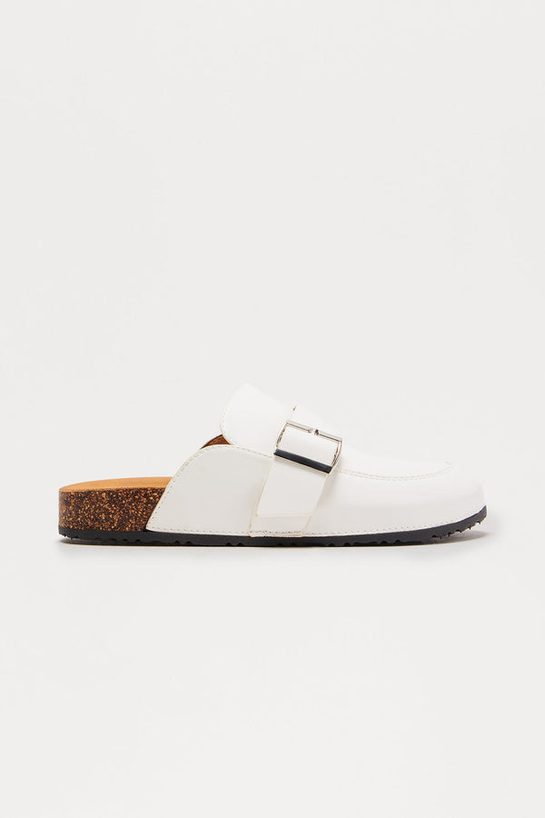 Tonya Faux Leather Buckle Flats - White