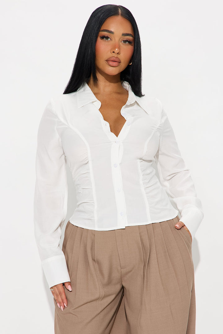 Stay Busy Ruched Challis Shirt - White
