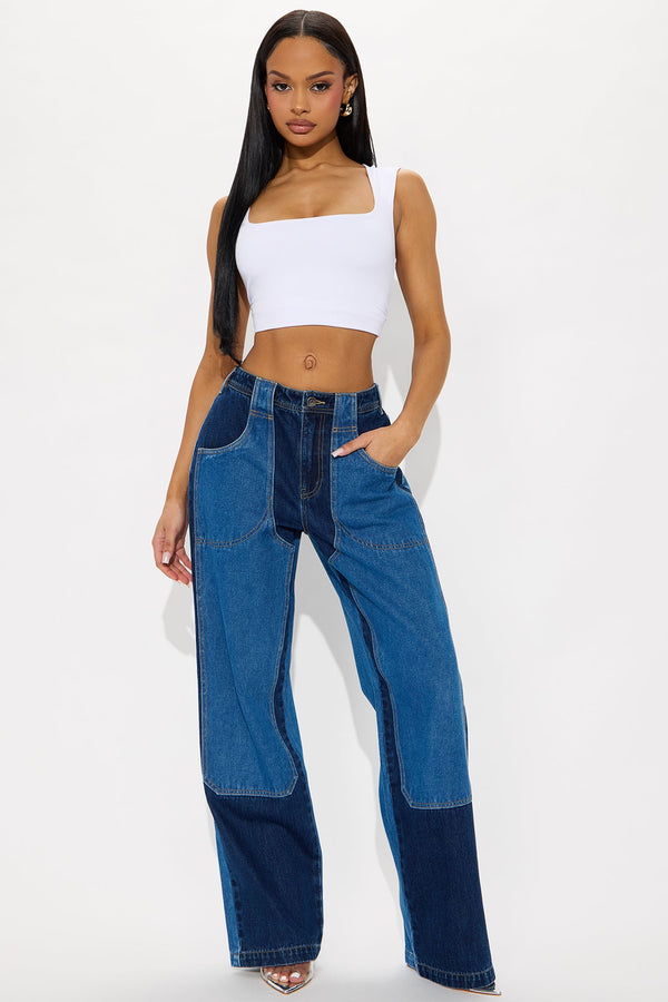 Payton Two Tone Utility Wide Leg Jeans - Dark Wash