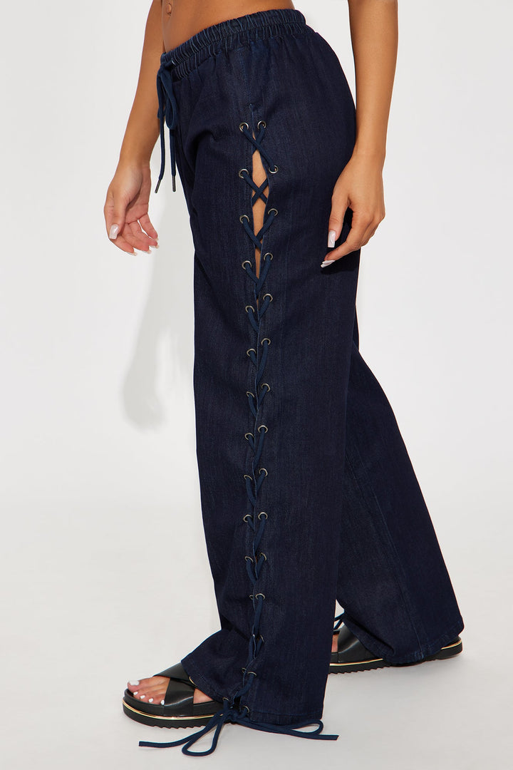 Lucky Laced Up Wide Leg Denim Jeans - Dark Wash
