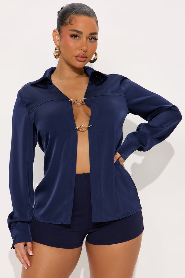 Glowing In Satin Blouse - Navy