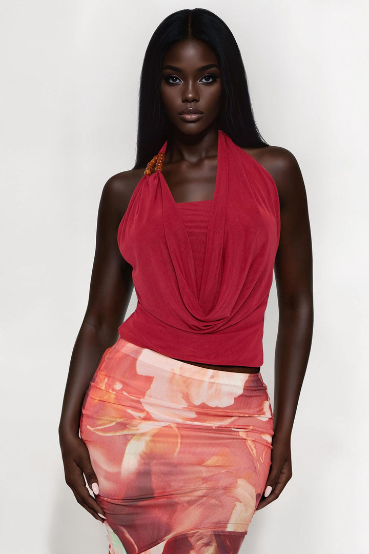 Spontaneous Babe Cowl Neck Mesh Halter Top - Red