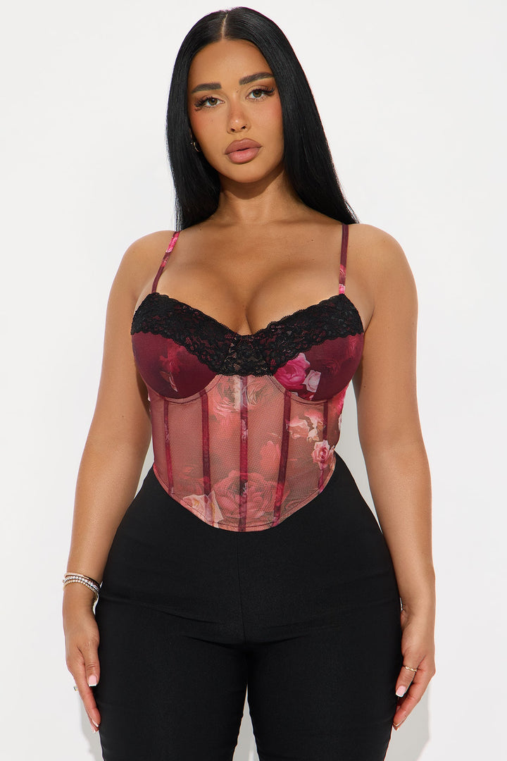 Meet Me At Dusk Lace Trim Corset Top - Burgundy/combo