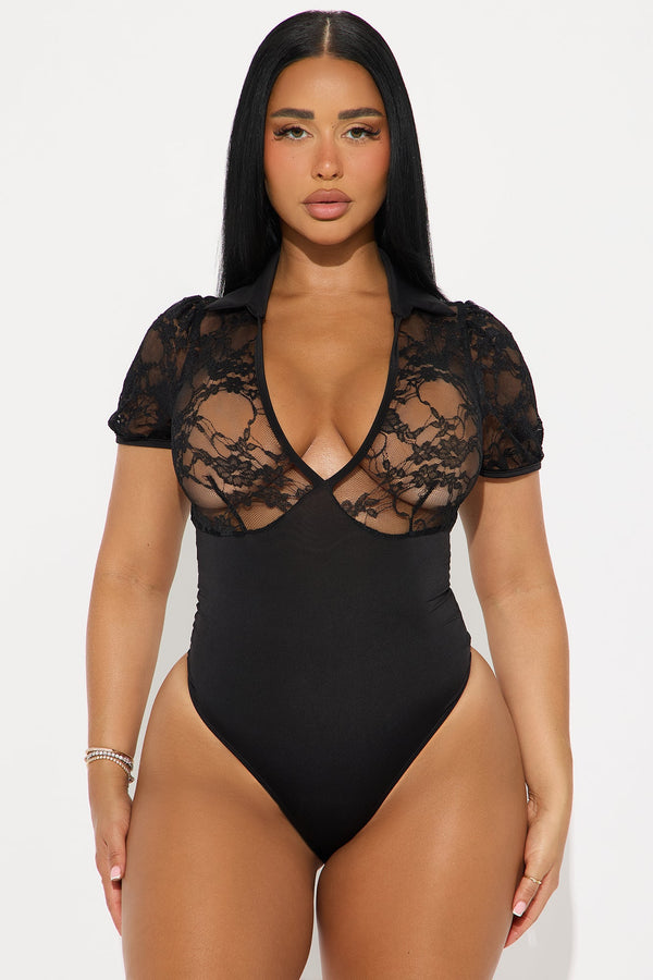New Urge Short Sleeve Lace Bodysuit - Black