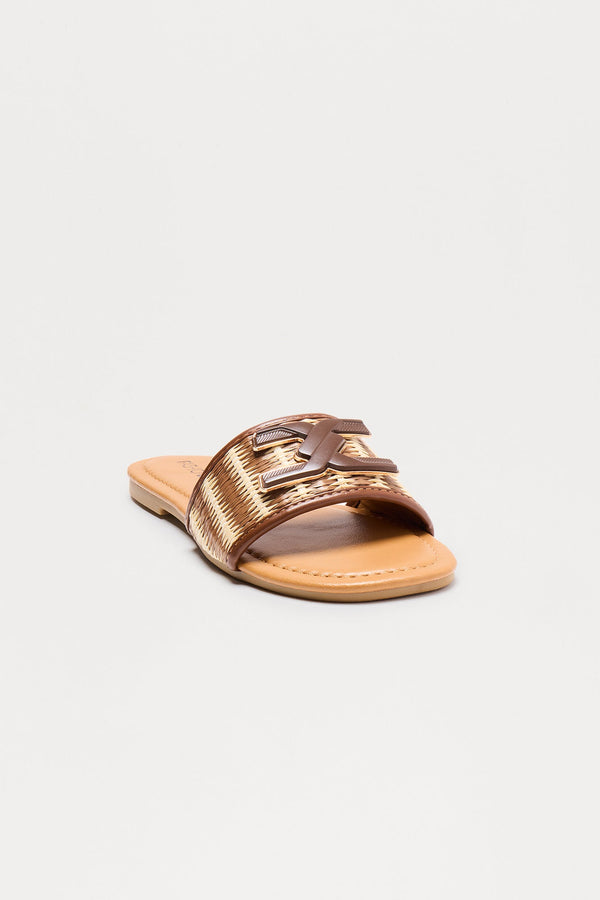 Oahu Woven Sqaure Toe Sandals - Cognac