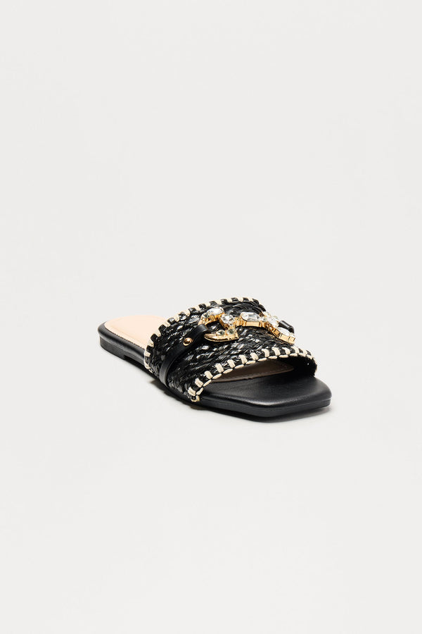 Ela Raffia Hardware Sandals - Black