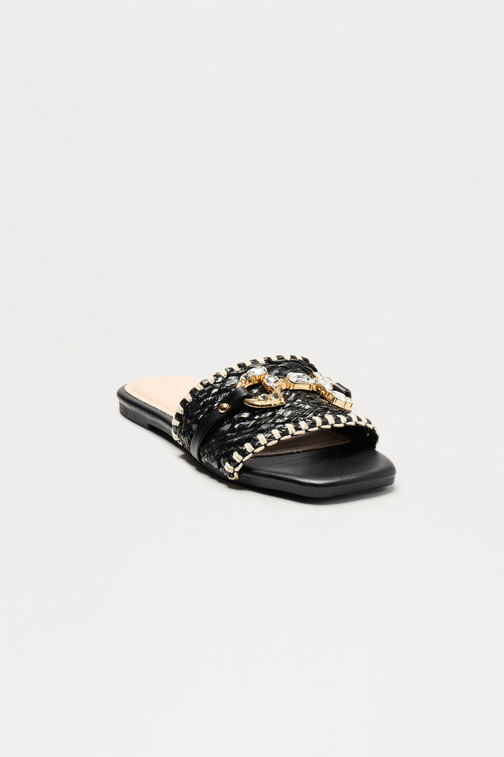 Ela Raffia Hardware Sandals - Black
