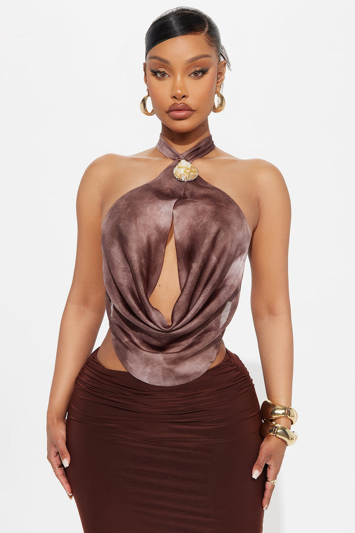 Tropical Nights Shell Chiffon Halter Top - Taupe