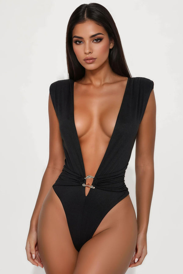 80's Baby Deep V-Neck Bodysuit - Black