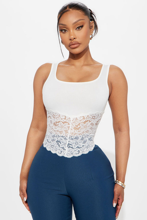 Katalina Ribbed Lace Trim Tank Top - Ivory