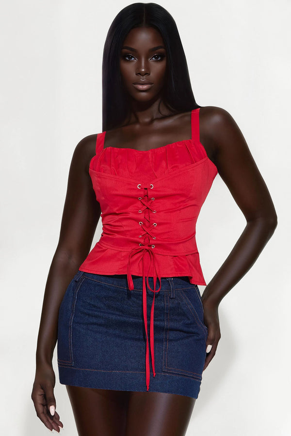 Dream Of Me Lace Up Poplin Top I - Red
