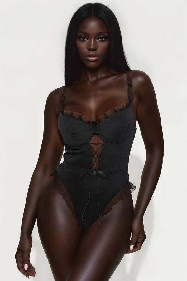 High Maintenance Ruffle Trim Mesh Bodysuit - Black