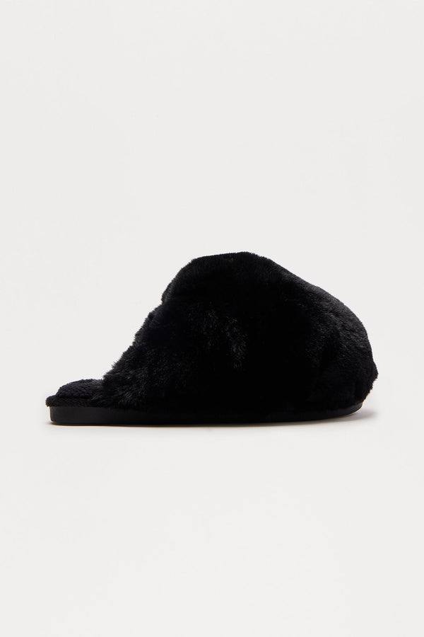 Fluff Faux Fur Slippers - Black