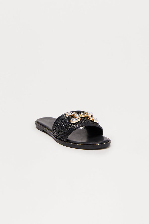 Crista Jewel Raffia Sandals - Black