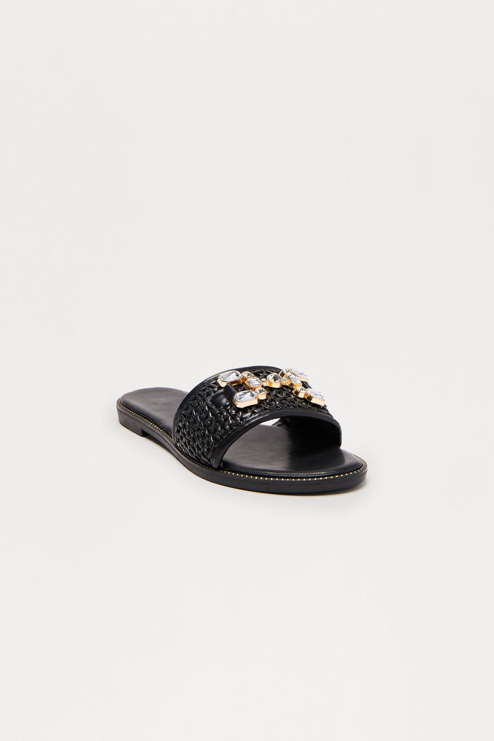 Crista Jewel Raffia Sandals - Black