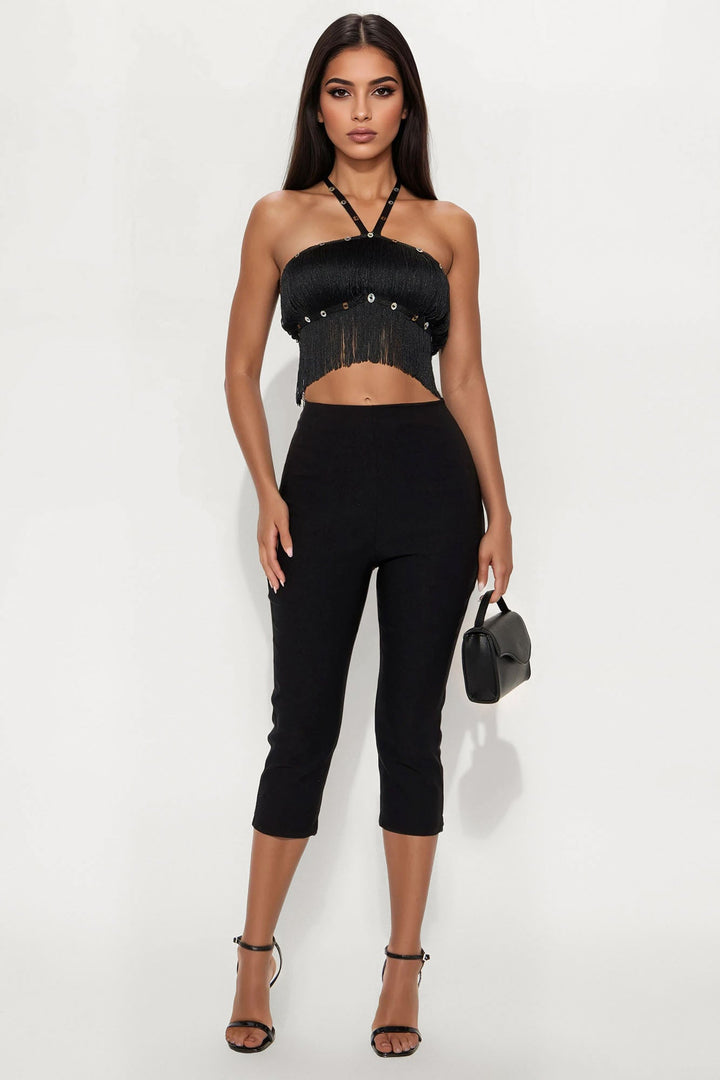 Spirit Swing Fringe Y-Neck Halter Top - Black