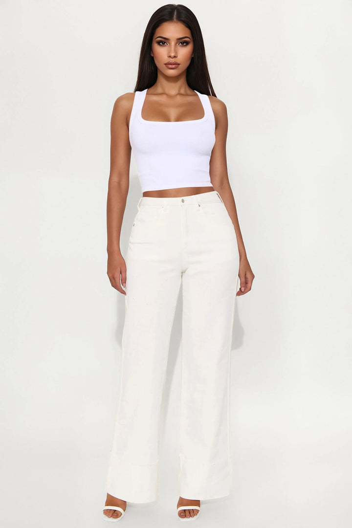 All The While Cuffed Wide Leg Jeans - White