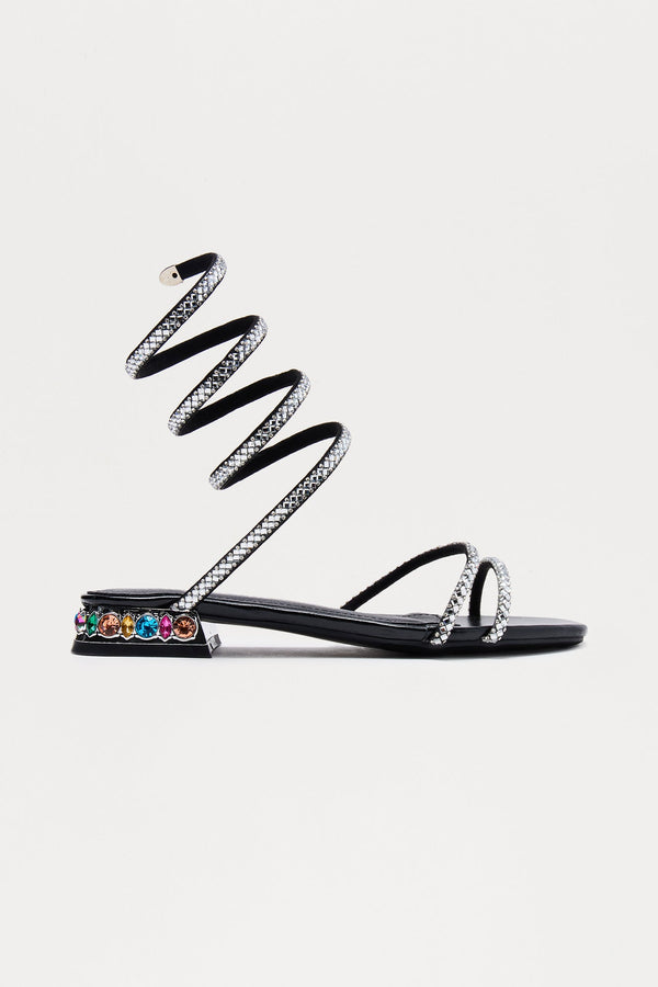 Vessy Rhinestone Wrap Up Sandals - Black